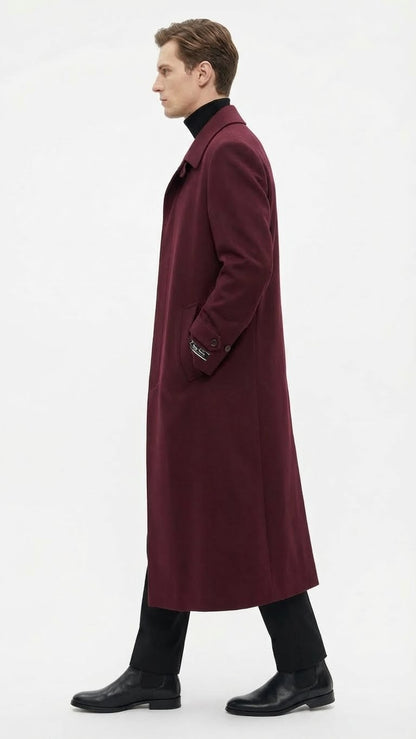 Men’s Full-Length Burgundy Overcoat – Microfiber 4 season fabric  Long Formal Coat with Classic Tailored Maxi Duster Coat