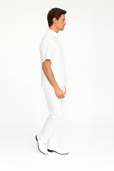 Men’s White Embroidered Guayabera Two-Piece Set – Short Sleeve Shirt and Pants 3   - from alligatorwarehouse.com
