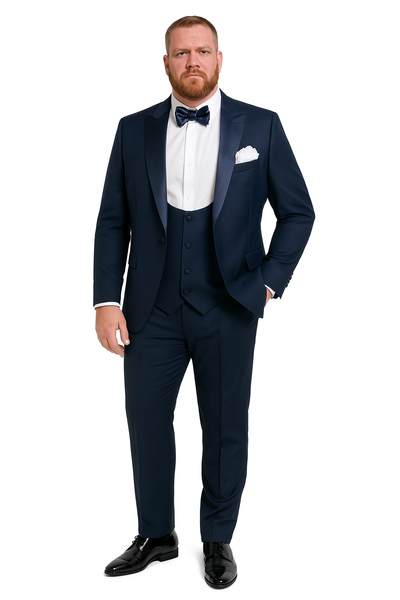 Men’s Navy Blue Tuxedo with Satin Peak Lapel with navy sateen  – 3 Piece Formal Suit with Vest and Bow Tie 5   - from alligatorwarehouse.com