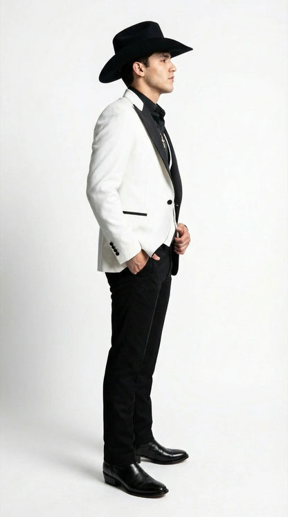 Men’s White Cowboy Tuxedo with Black Satin Lapel – Western Formal Suit with Matching Vest