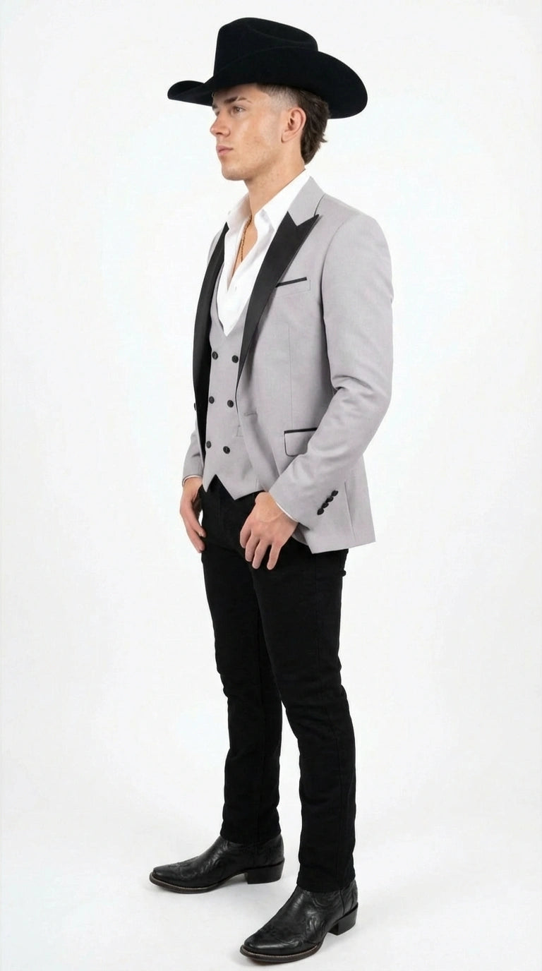 Men’s Light Gray Cowboy Tuxedo with Black Satin Lapel – Western Formal Suit with Double Breasted Vest