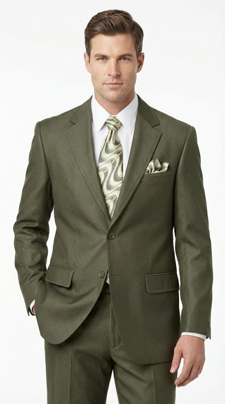 Men’s Olive Green Tuxedo With Trim Collar – Formal Wedding, Prom Suit Modern Fit
