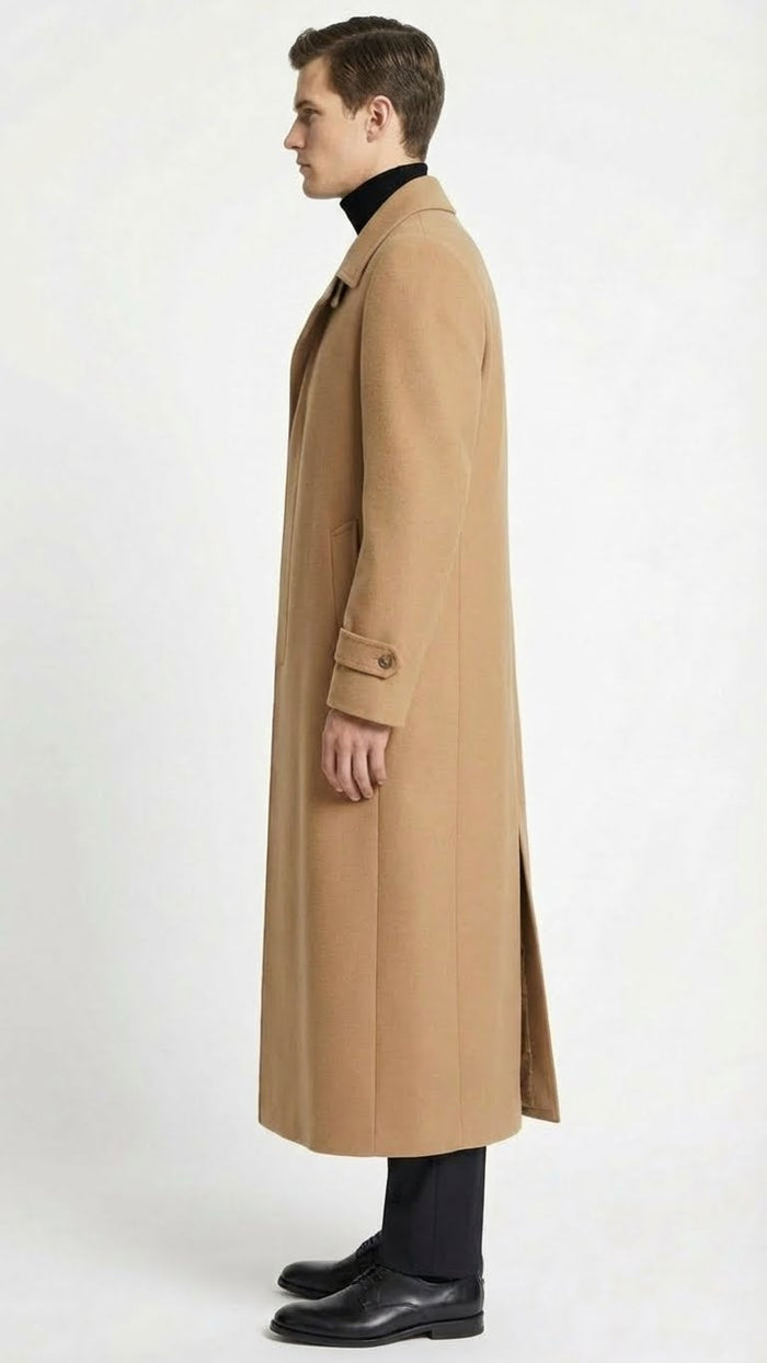 Men’s Full-Length Camel Overcoat – Classic Long Microfiber-Blend Coat for Winter and Formal Wear Maxi Duster Coat