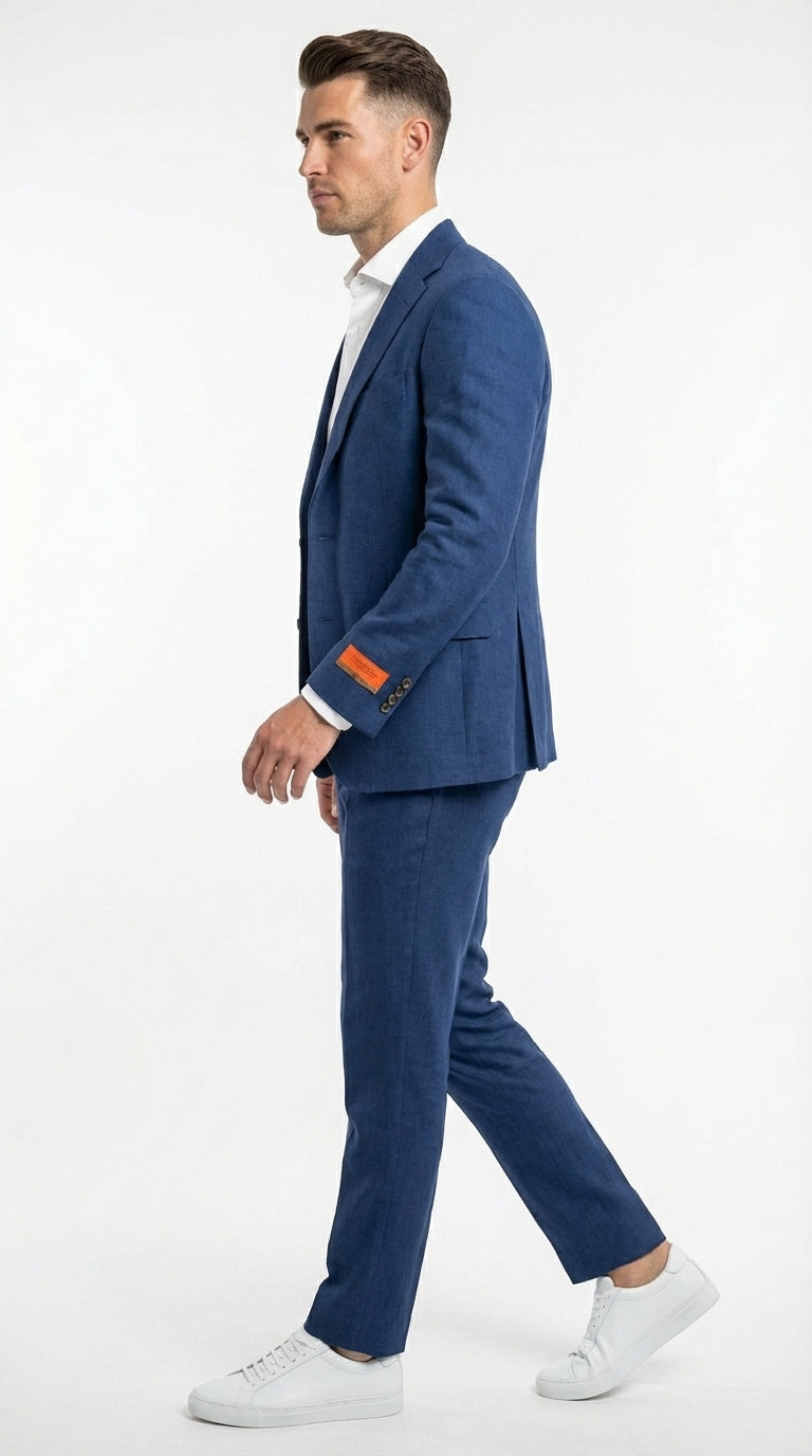 Mens Enzo Tovare Denim Blue Linen Summer Suit – Breathable Two Piece Suit for Wedding, Business, Travel