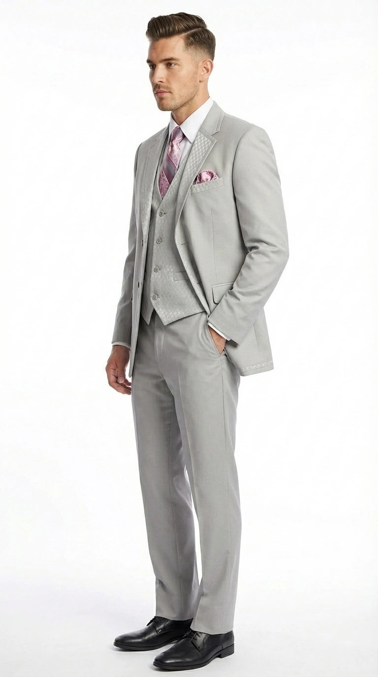 Men’s Light Gray 3 Piece Suit – Ice Silver Gray Formal Suit Set with Vest, Patterned Lapel and Tie for Wedding, Prom and Business Events
