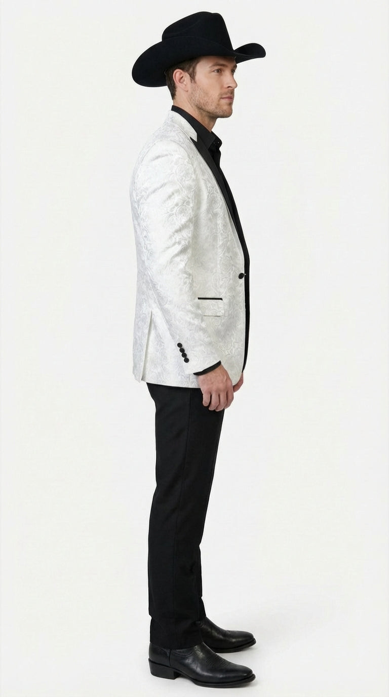 Men’s White Paisley Cowboy Tuxedo with Black Satin Lapel – Western Formal Wedding Suit Jacket