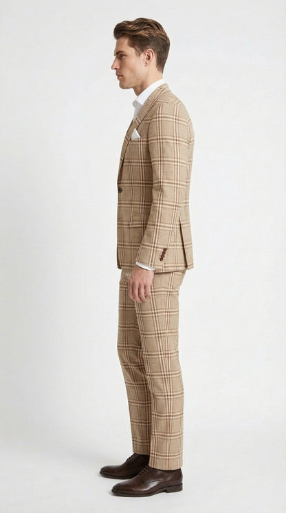Beige Tan Plaid windowpane Two Piece Suit for Men | Classic Checkered Formal Suit with Jacket and Pants by Rossiman