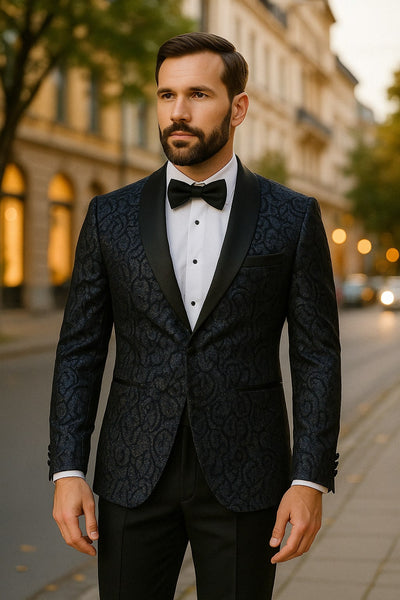 Mens Navy Black Glitter Floral Tuxedo Dinner Jacket with Satin Lapel- Blue Blazer Sequin Fabric 3   - from alligatorwarehouse.com