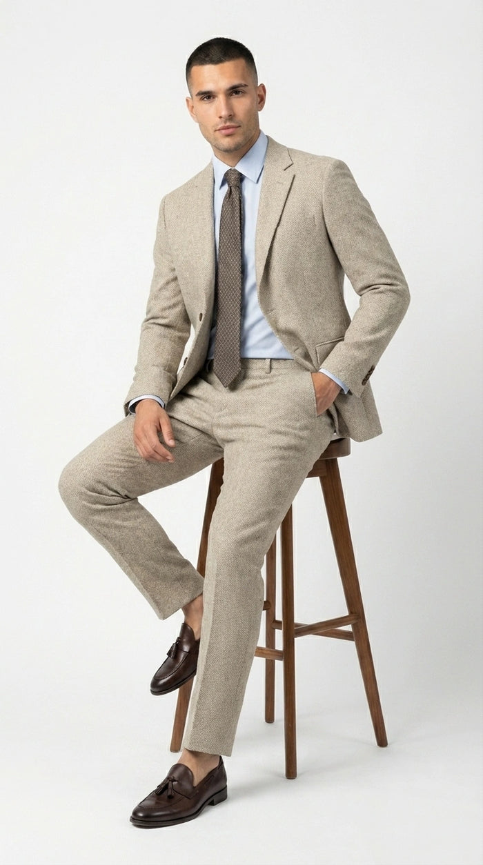 Men’s Light Tan Tweed Suit – Classic Beige Two Piece Suit, Herringbone Formal Wear, Vintage Style Business & Wedding Outfit for Men