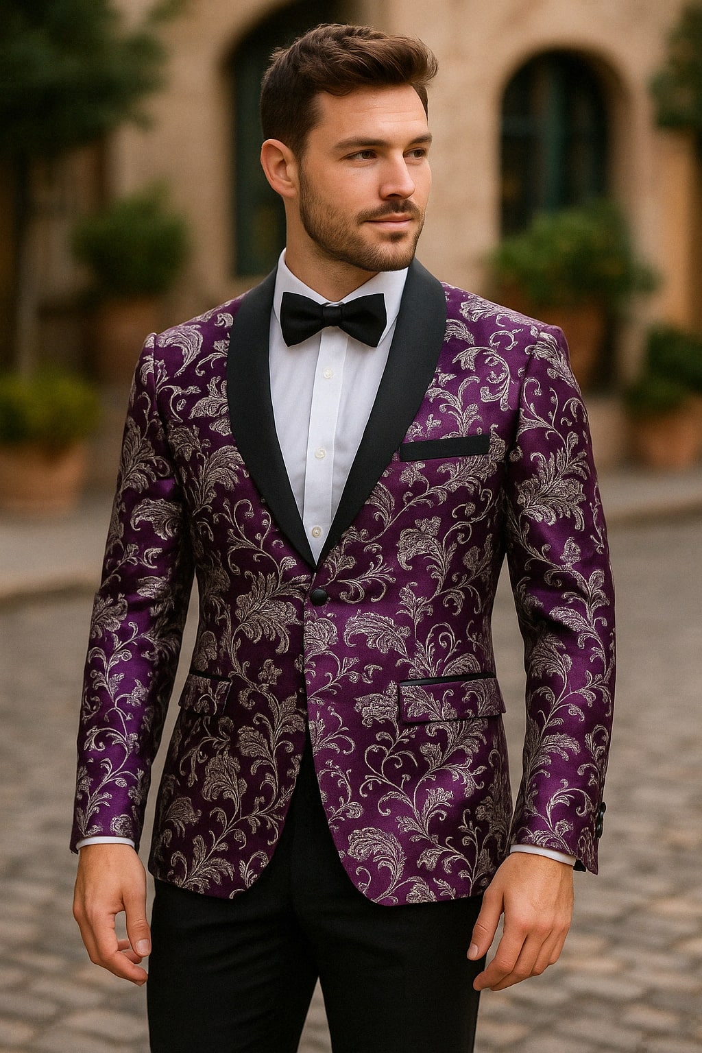 Mens Purple and White Paisley Floral Brocade Tuxedo Jacket - Suit with Satin Lapel Wtih Black Pants
