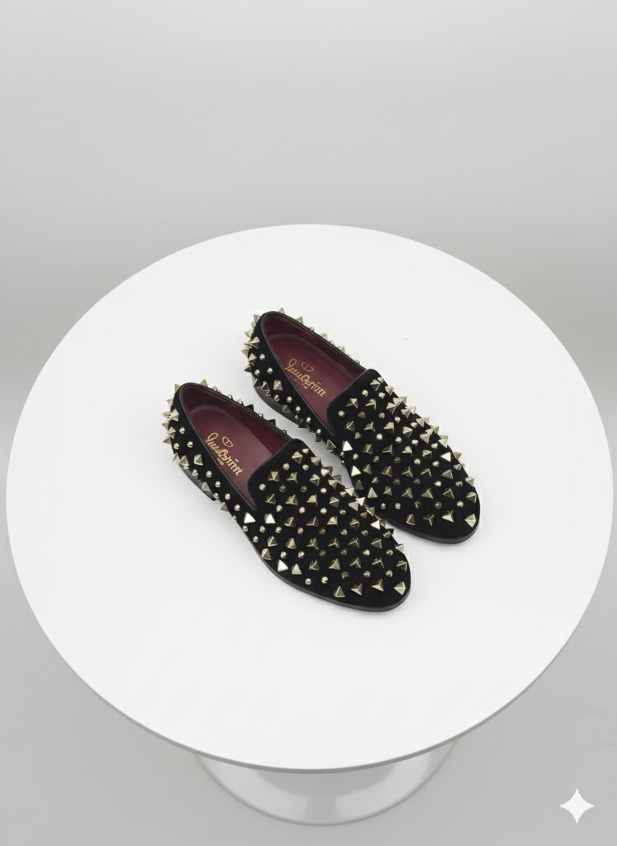 Men’s Studded Velvet Loafers – Designer Party and Prom Dress Shoes with Gold and Silver Spikes