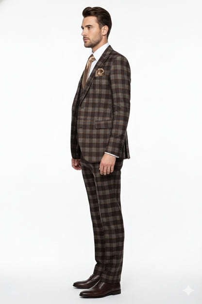 Men’s Brown Plaid Windowpane Three-Piece Suit Set – Classic Slim Fit Jacket, Double-Breasted Vest and Modern Fit Pants  By Rossiman