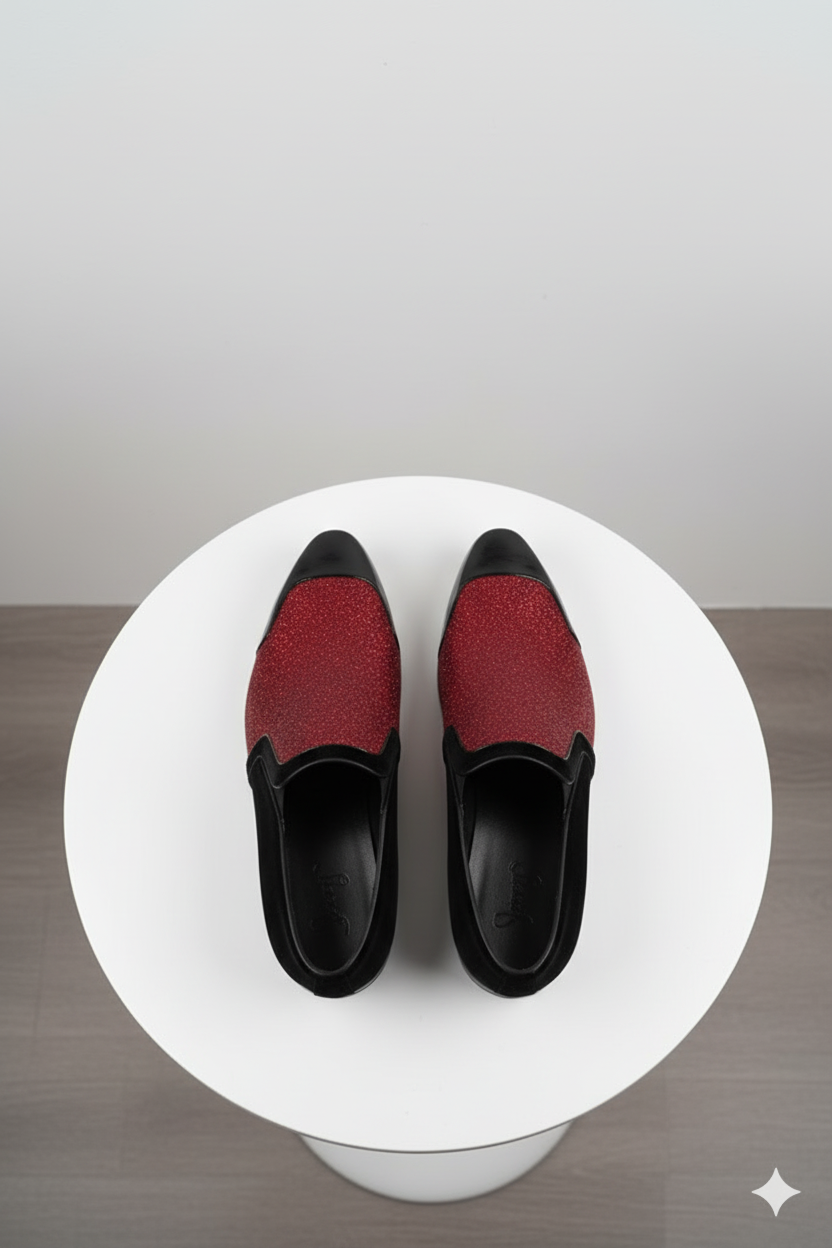 Men’s Red Glitter Tuxedo Loafers – Shiny Slip-On Dress Shoes with Black Patent Toe for Parties and Formal Events