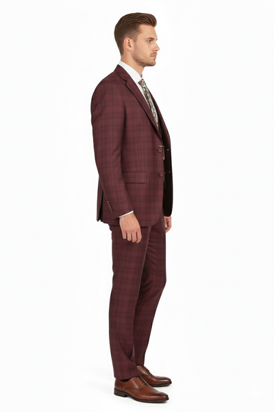 Men’s Burgundy Checkered 3-Piece Suit – Windowpane Classic Fit Plaid Blazer with Vest and Pants 3   - from alligatorwarehouse.com