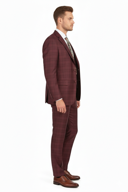 Men’s Burgundy Checkered 3-Piece Suit – Windowpane Classic Fit Plaid Blazer with Vest and Pants