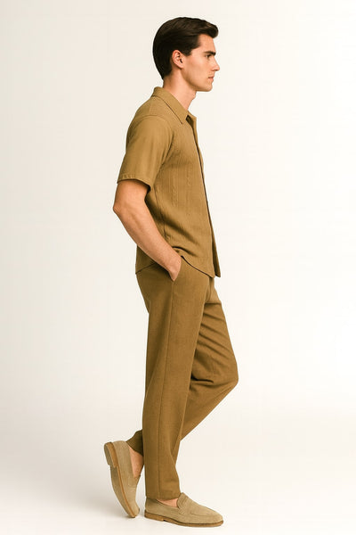 Mens Mocha Brown Short Sleeve Knit Walking Suit – Two-Piece Casual Button Down Set in Taupe Coffee Color 3   - from alligatorwarehouse.com