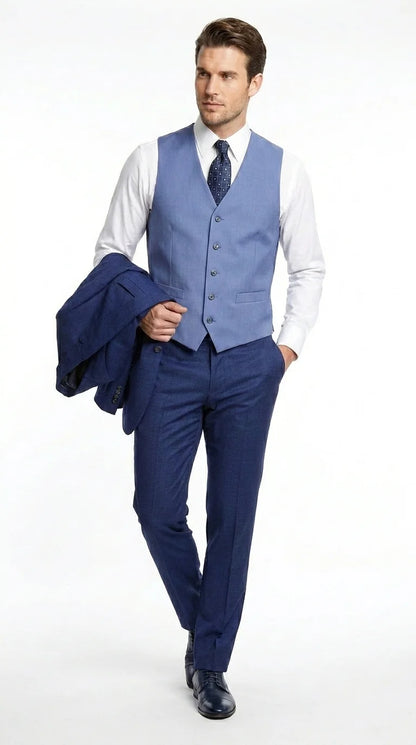 Vitali Men’s Navy Blue 3 Piece Suit with Light Blue Vest, Textured Formal Dress Suit for Weddings, Prom, Business Events, and Parties