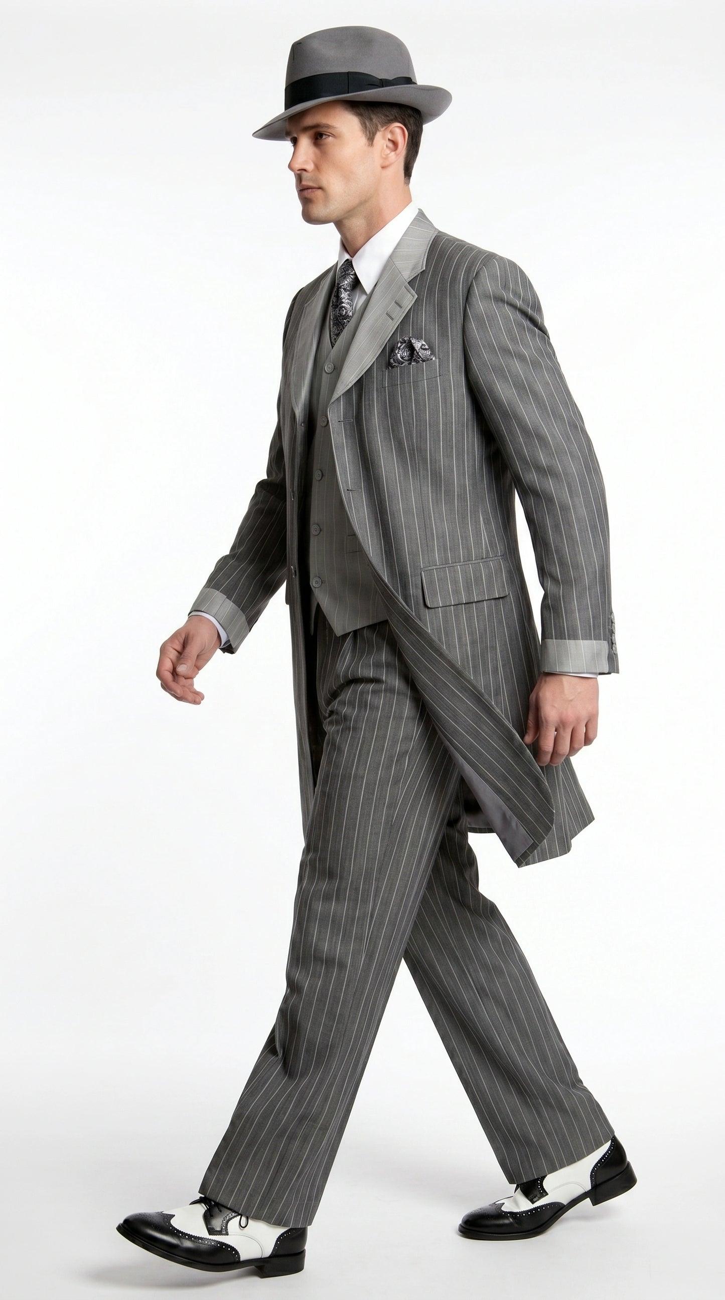Men’s Grey Pinstripe 1920s Gangster 3 Piece Suit, Contrast Lapel Vintage Formal Suit for Parties, Prom, Weddings, and Theme Events