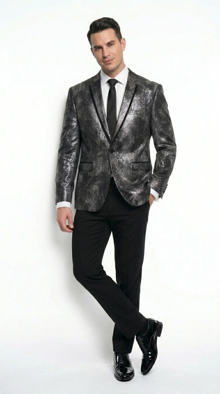 Men’s Black and Charcoal Gray Snakeskin Print Blazer, Animial Exotic Skin Alligator Crocodile Texture