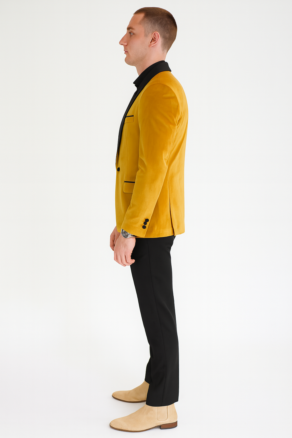 Men’s Mustard Gold Velvet Tuxedo Jacket – Slim Fit Dinner Blazer with Black Satin Shawl Lapel + Free Black Pants & Bowtie