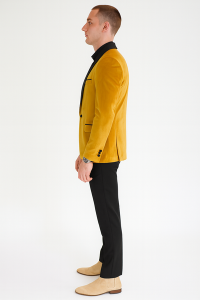 Men’s Mustard Gold Velvet Tuxedo Jacket – Slim Fit Dinner Blazer with Black Satin Shawl Lapel + Free Black Pants & Bowtie 3   - from alligatorwarehouse.com