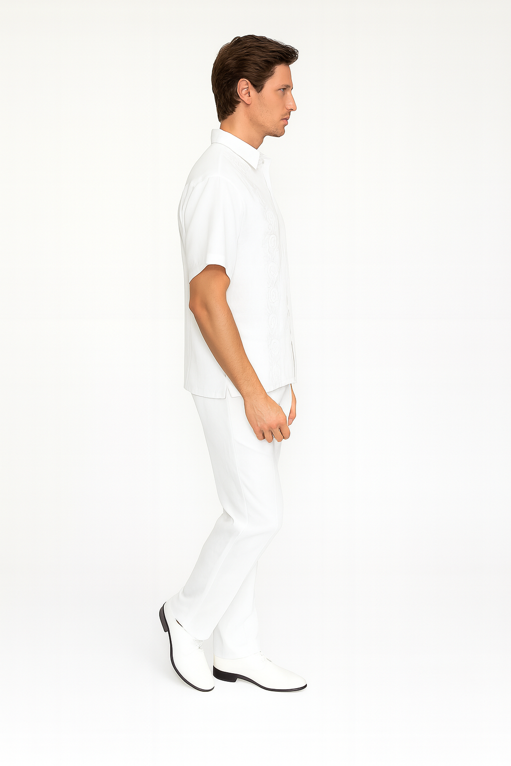 Men’s Linen White Embroidered Guayabera Two-Piece Set – Short Sleeve Shirt and Pants - Summer Walking Suit 6   - from alligatorwarehouse.com