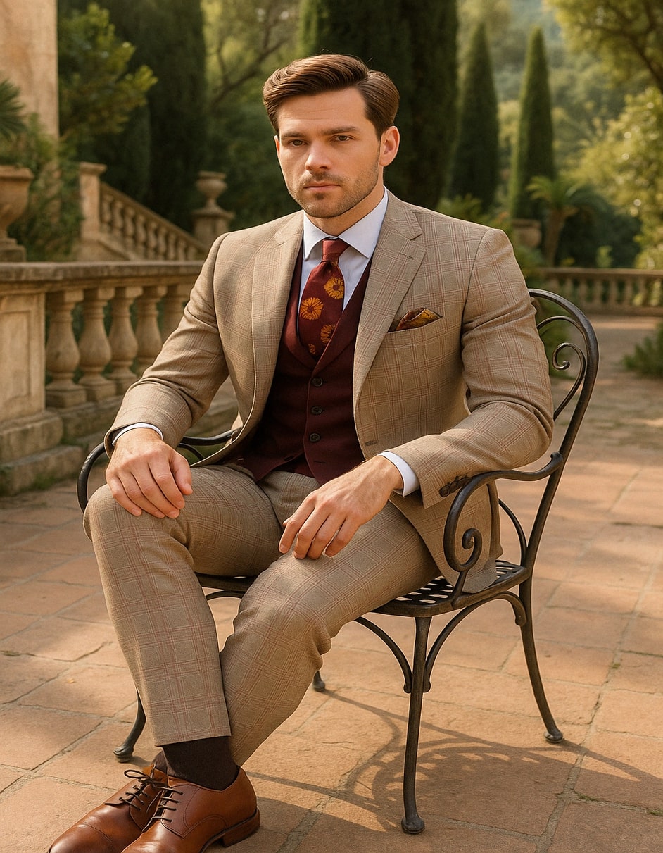 Men's Light Brown Plaid Suit with Burgundy Vest and Colorful Floral Tie ƒ?? 3 Piece Set - Taupe Windowpane Pattern