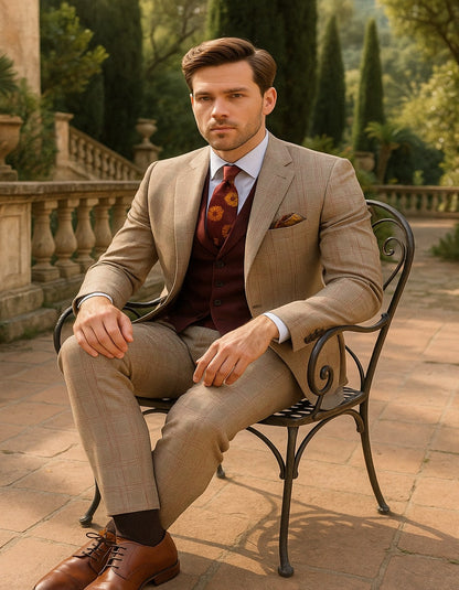 Men's Light Brown Plaid Suit with Burgundy Vest and Colorful Floral Tie ƒ?? 3 Piece Set - Taupe Windowpane Pattern