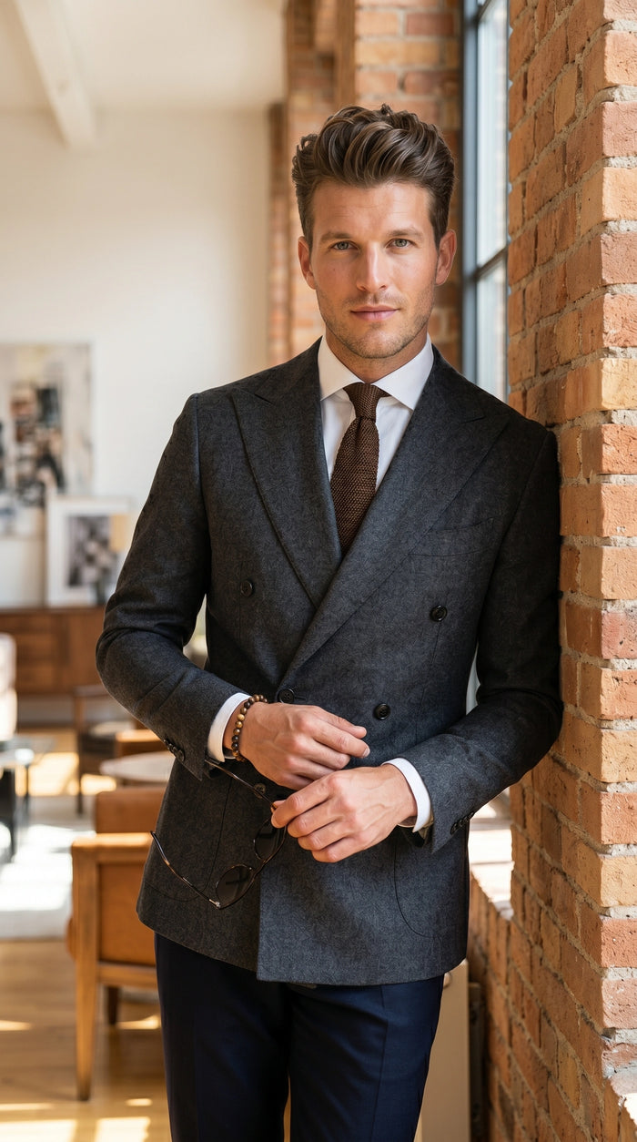 Men’s Charcoal Double Breasted Blazer, Formal Wedding Business Casual Sport Coat Jacket Wool Fabric
