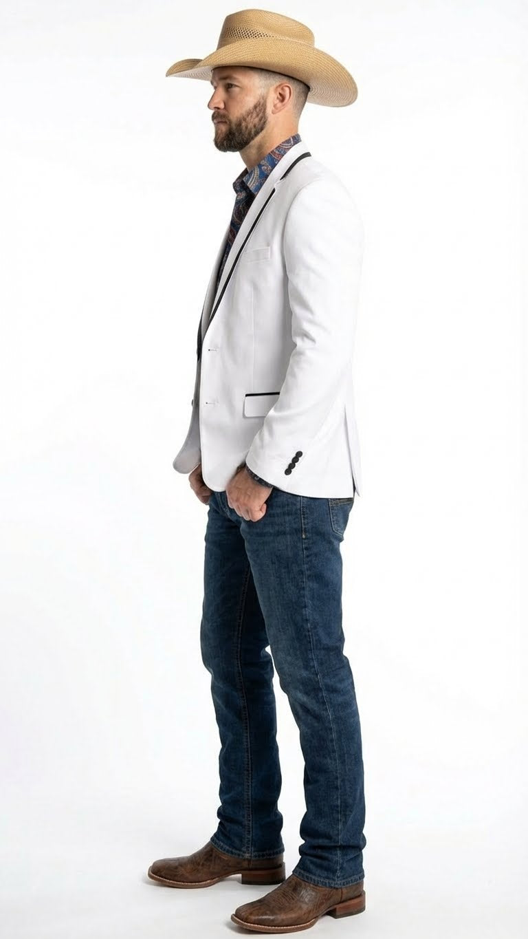 Men’s White Western Blazer with Black Trim – Classic Cowboy Style