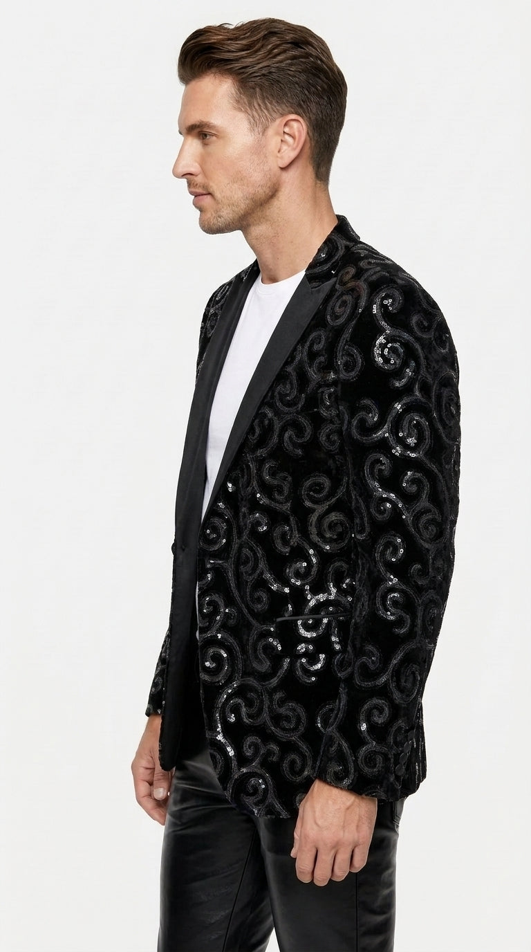 Men’s Black Velvet Sequin Swirl Dinner Jacket – Blazer Paisley Sparkly