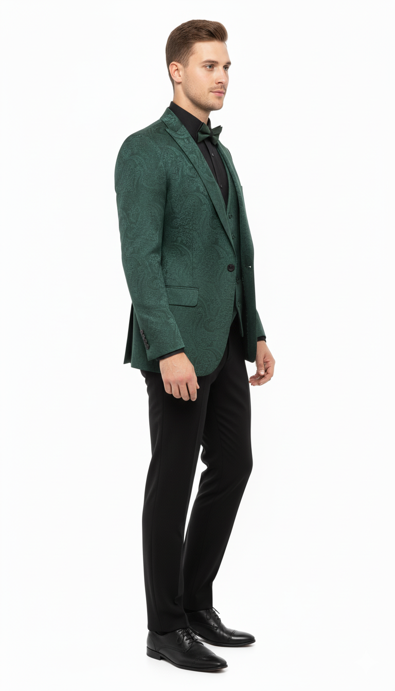 Men’s Emerald Green Paisley Tuxedo 3-Piece Suit – Slim Fit Formal Blazer, Vest, and Pants for Weddings, Proms