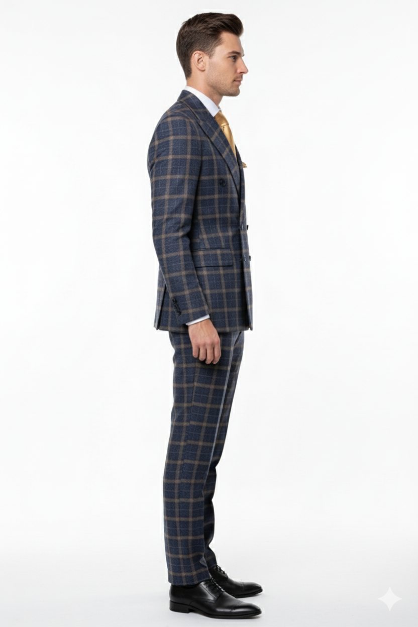 Men’s Navy and Tan Windowpane Double-Breasted Suit | Classic 2-Piece Plaid Dress Suit, Business, and Formal Events By Rossiman