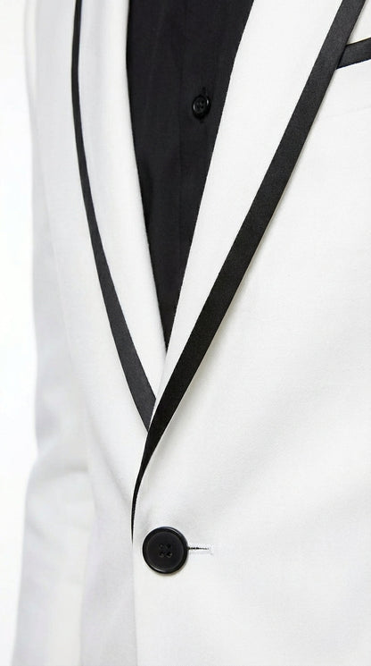 Men’s White Disco Blazer 70s Era Costume Jacket – Black Trim Retro Party Blazer, Vintage Dance Outfit, Stylish Evening Themed Wear