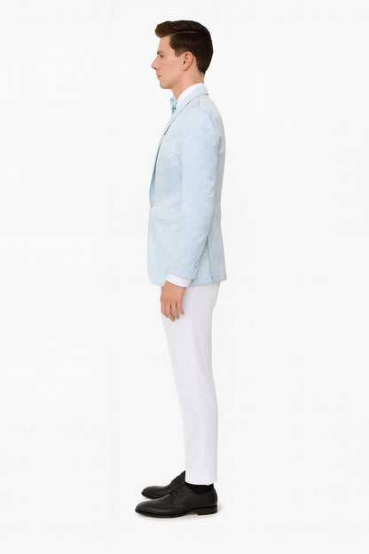 Mens Light Blue Paisley Tuxedo Jacket with Matching Bow Tie – Slim Fit Blazer for Weddings, Prom, and Formal Events
