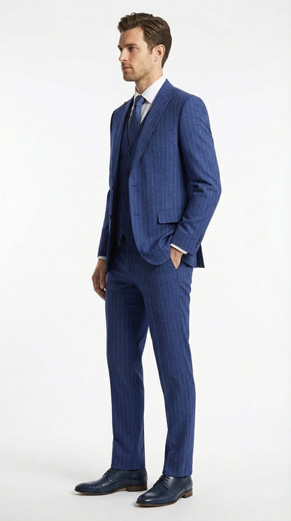Men’s Cobalt Blue 3 Piece Suit – Indigo Light Blue Pinstripe Formal Suit with Vest for Wedding, Business Modern Fit Two buttons