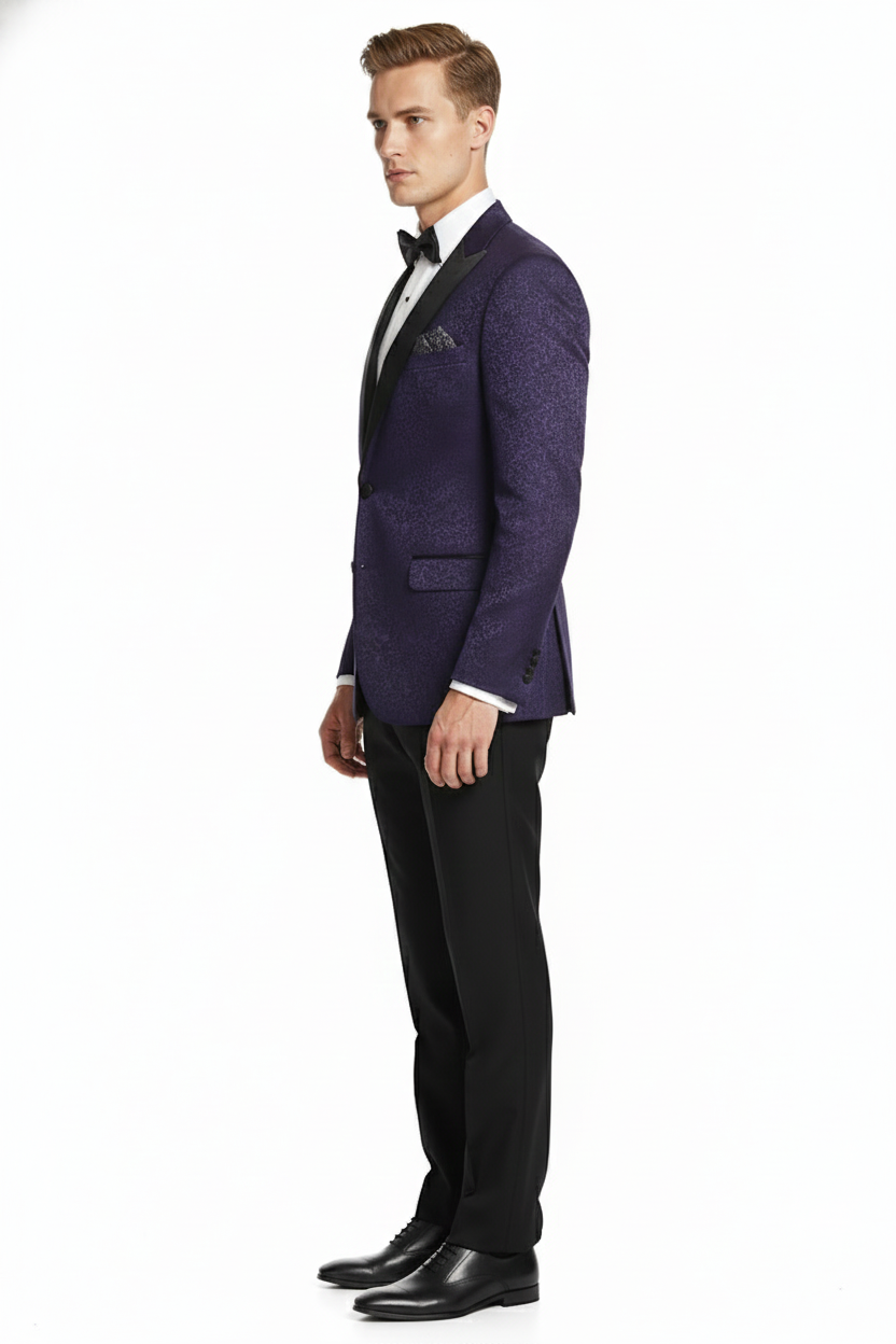 Men’s Purple Paisley Tuxedo Jacket – Ultra Slim Fit Dinner Blazer with Black Satin Peak Lapel