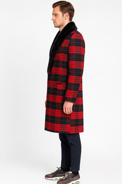 Mens Red and Black Plaid Wool Overcoat with Black Faux Fur Shawl Collar – Double-Breasted Winter Coat - Tartan Designs 3   - from alligatorwarehouse.com