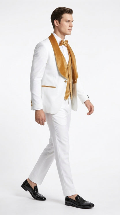 Men's White & Gold Tuxedo – Velvet Shawl Lapel 3 Piece Wedding & Prom Suit