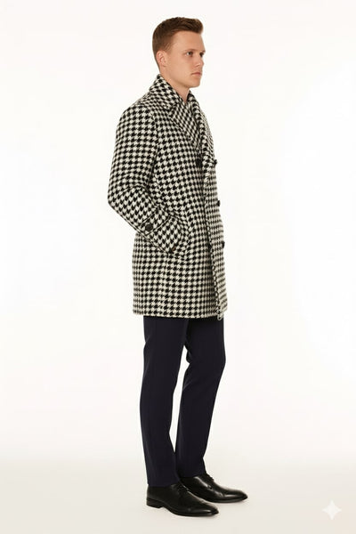Mens Houndstooth Double-Breasted Overcoats – Classic Black and White Wool Blend Peacoat Wool Fabric 3   - from alligatorwarehouse.com