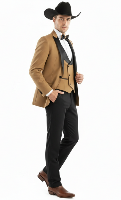 Men’s Western Cowboy Tuxedo – Tan and Black 3-Piece Suit with Satin Lapel and Vest in Mocca Coffee Color 5   - from alligatorwarehouse.com