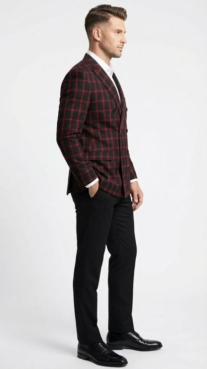 Men’s Black and Red Check Double Breasted Blazer – Sport Coat Jacket Windowpane Sportcoat Slim Fit