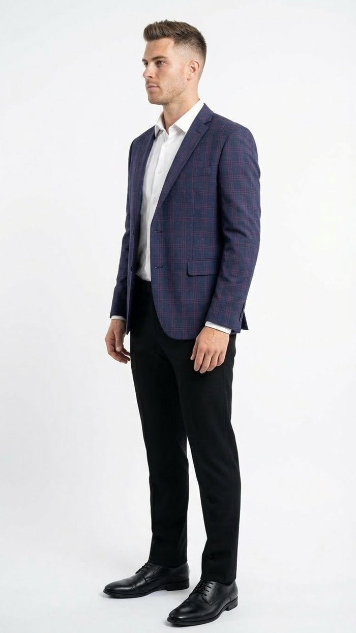 Men’s Big and Tall Navy Blue with Burgundy Plaid Jacket and Sport Coat – Wool Blazer