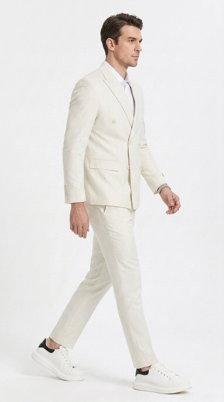 Men’s Ivory Cream Double Breasted Linen Suit – Off-White Summer Wedding Slim Fitted 2-Piece Suit Cream Color