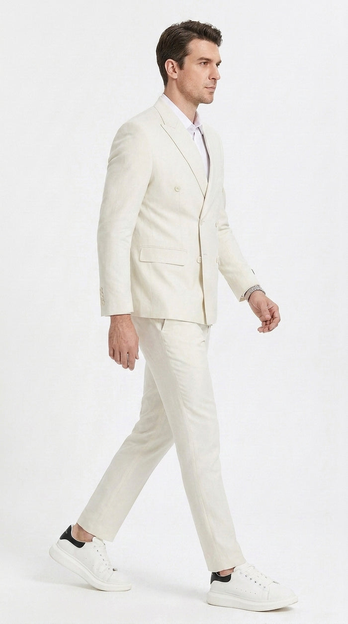 Men’s Ivory Cream Double Breasted Linen Suit – Off-White Summer Wedding Slim Fitted 2-Piece Suit Cream Color