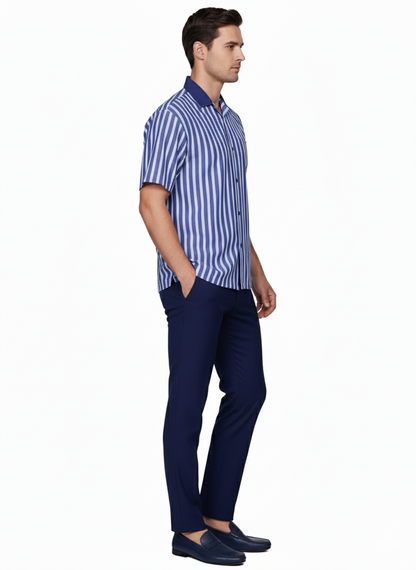 Men’s Blue and White Vertical Stripe Short Sleeve Shirt Set – Casual Summer Two-Piece Outfit