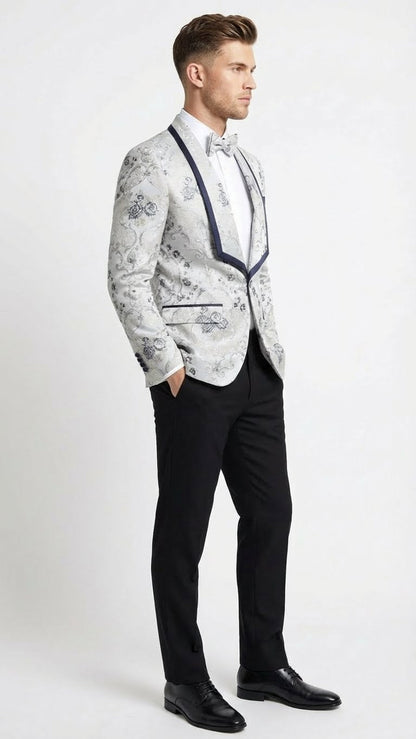 Men’s White and Navy Blue Lapel  Floral Jacquard Blazer with Contrast Shawl Lapel – Luxury Wedding and Party Wear Jacket paisley Tuxedo Navy Pants