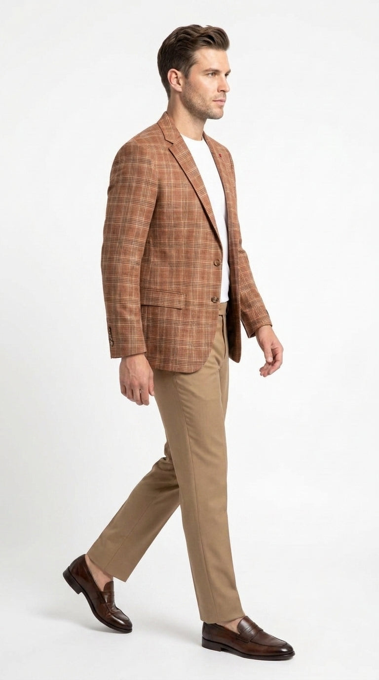 Vitali Men’s Rust Copper Brown Plaid Blazer with Tan Pants – Classic Windowpane, Business and Smart-Casual Birck color  Suit