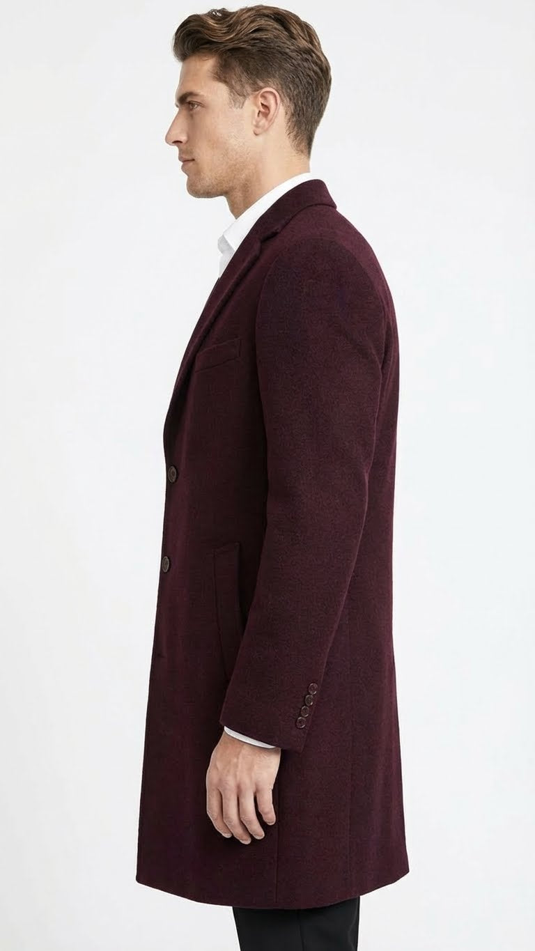 Men’s Burgundy Mid-Length Overcoat – Classic Fit Wool Blend Dress Coat Three Quarter Carcoat Topcoat
