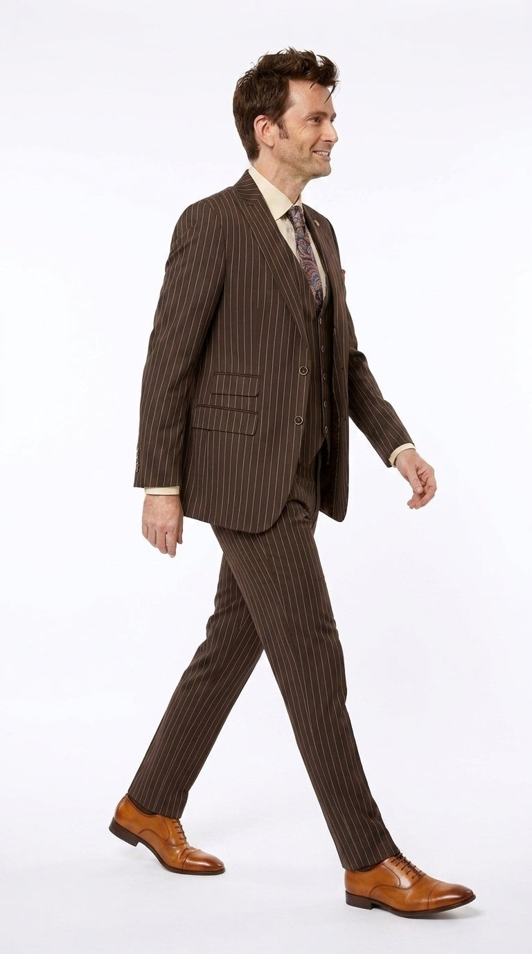 Men’s Doctor Who Inspired Brown Pinstripe 3-Piece Suit – Retro Vintage Wedding, Costume & Formal Suit